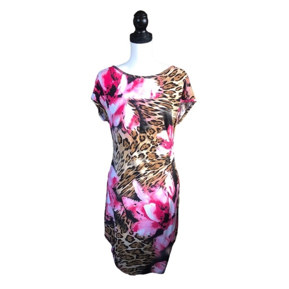 Cache Pink Floral Animal Print Gathered Waist Midi Sheath Dress Size 12 - Picture 1 of 7
